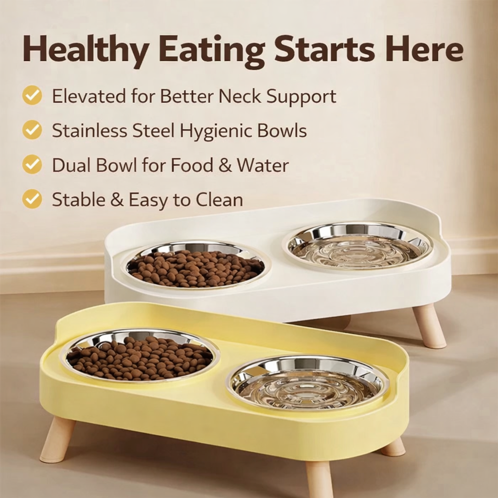 Colorful Elevated Pet Feeder: Dual Stainless Steel Bowls with Neck Support