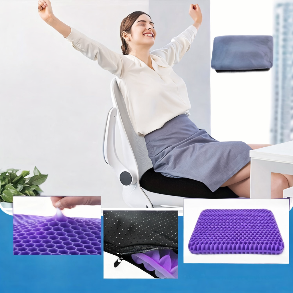 a girl sitting on honecomb gel seat cushion on office chair looks happy.